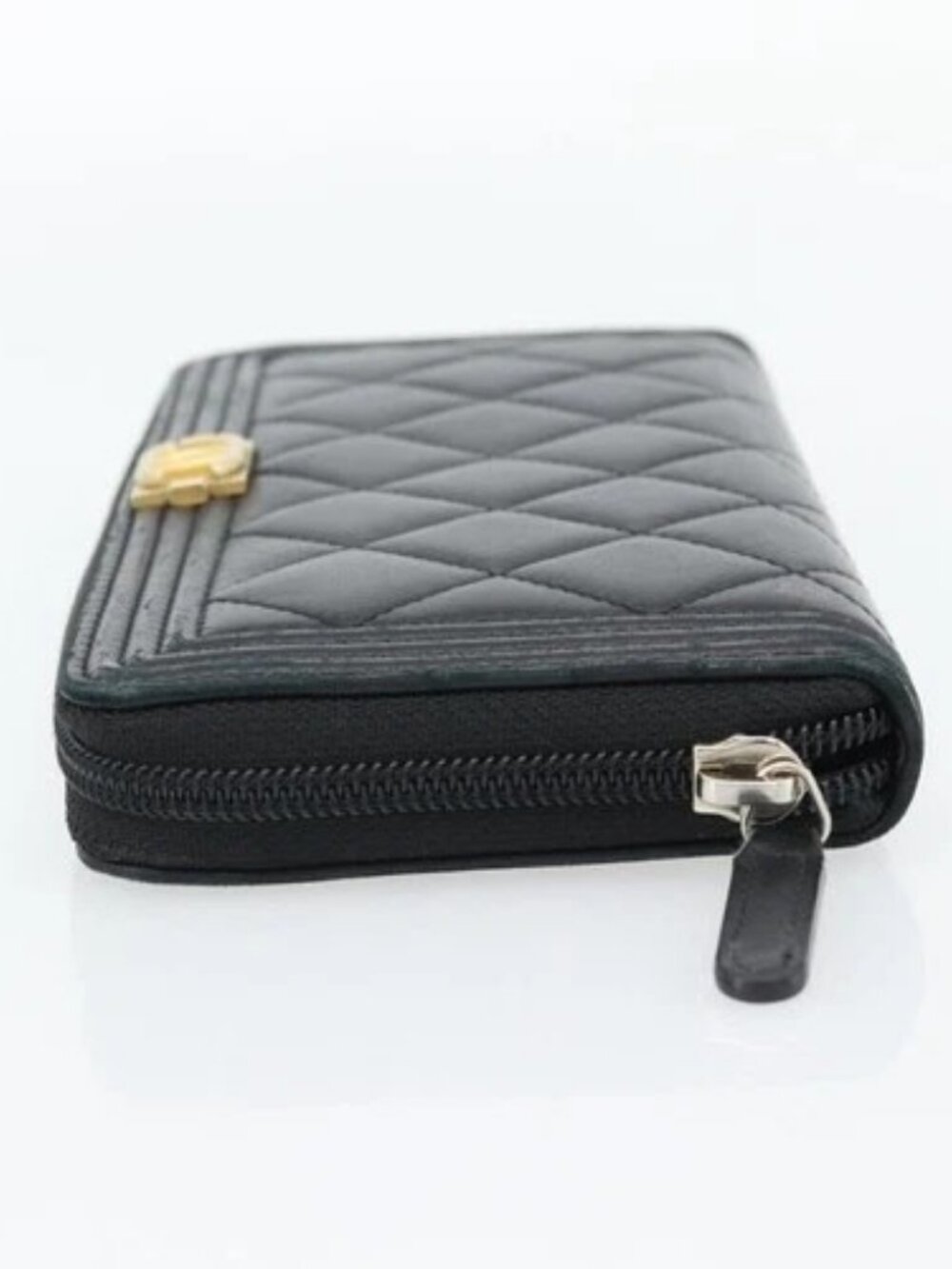CHANEL Boy Chanel Long Wallet Lamb Skin Black Gold CC Auth 181946V - Picture 3 of 16
